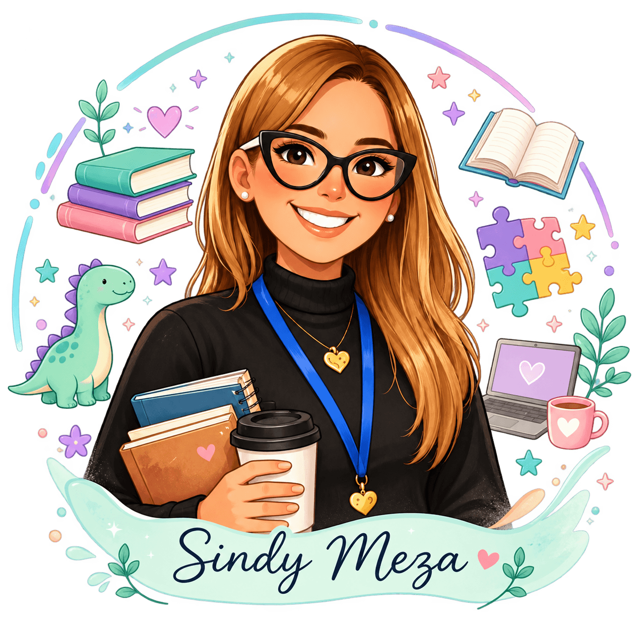 Ilustración de Sindy Meza con libros, materiales de aprendizaje y elementos de inclusión